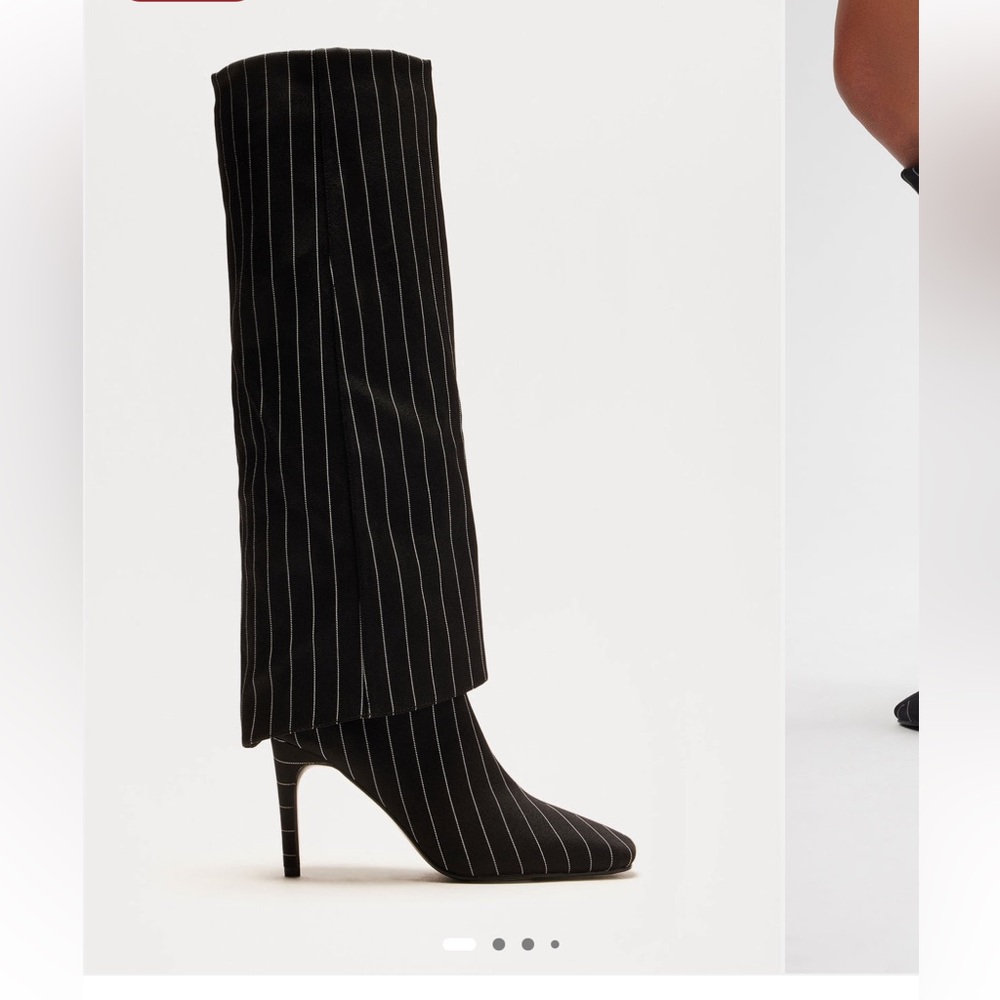 Fashion Nova Black Pinstripe Tori Overlay Heeled Boots